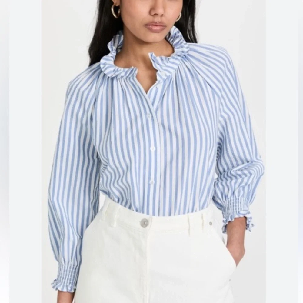🌟VERONICA BEARD🌟 JEANS CALISTO STRIPED SEERSUCKER BLOUSE BLUE / WHITE M - Picture 2 of 10